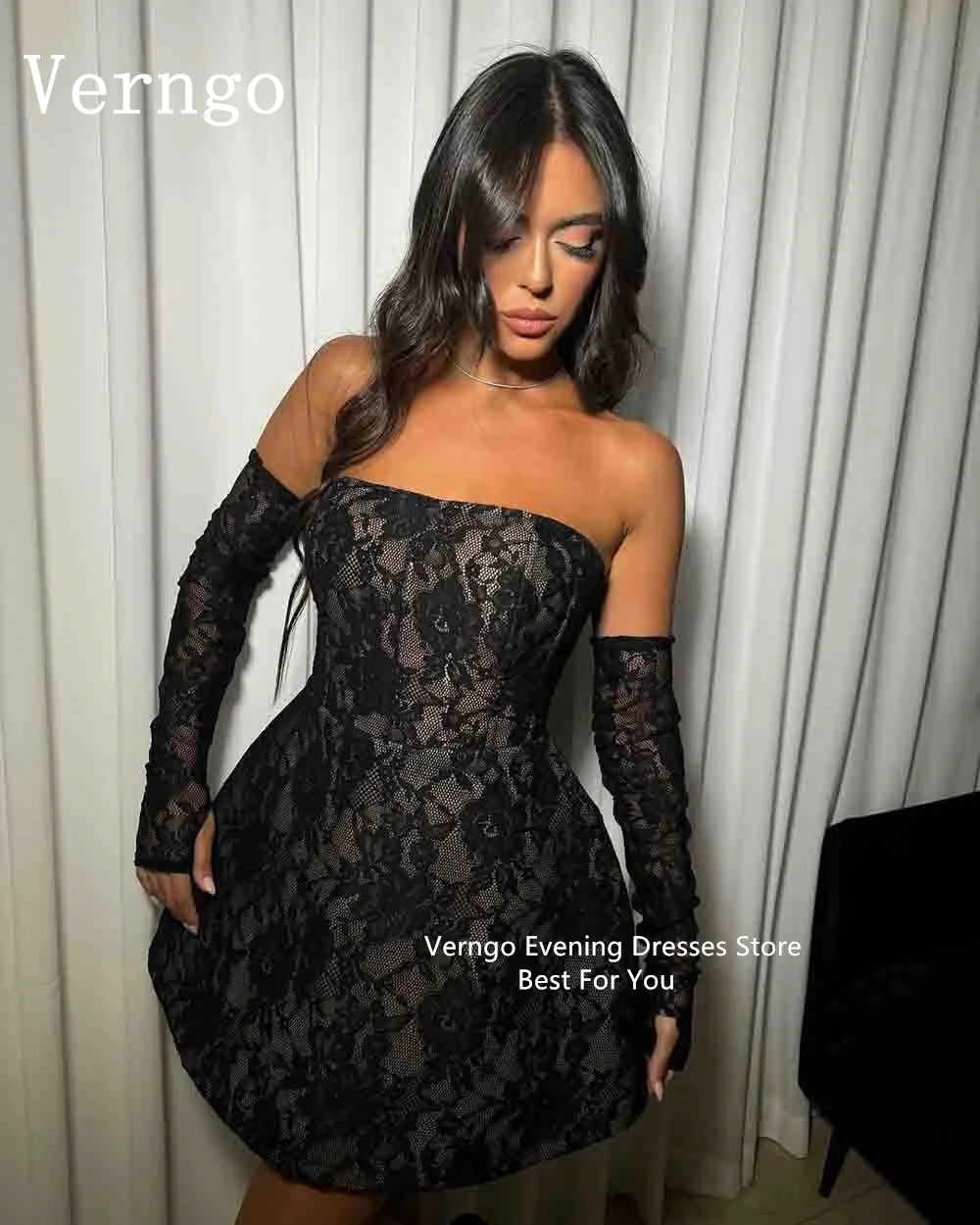 Verngo Black Lace Mini Prom Dress Strapless A Line Sexy Short Cocktail Dress For Women Elegant Night Club Birthday Party Dress