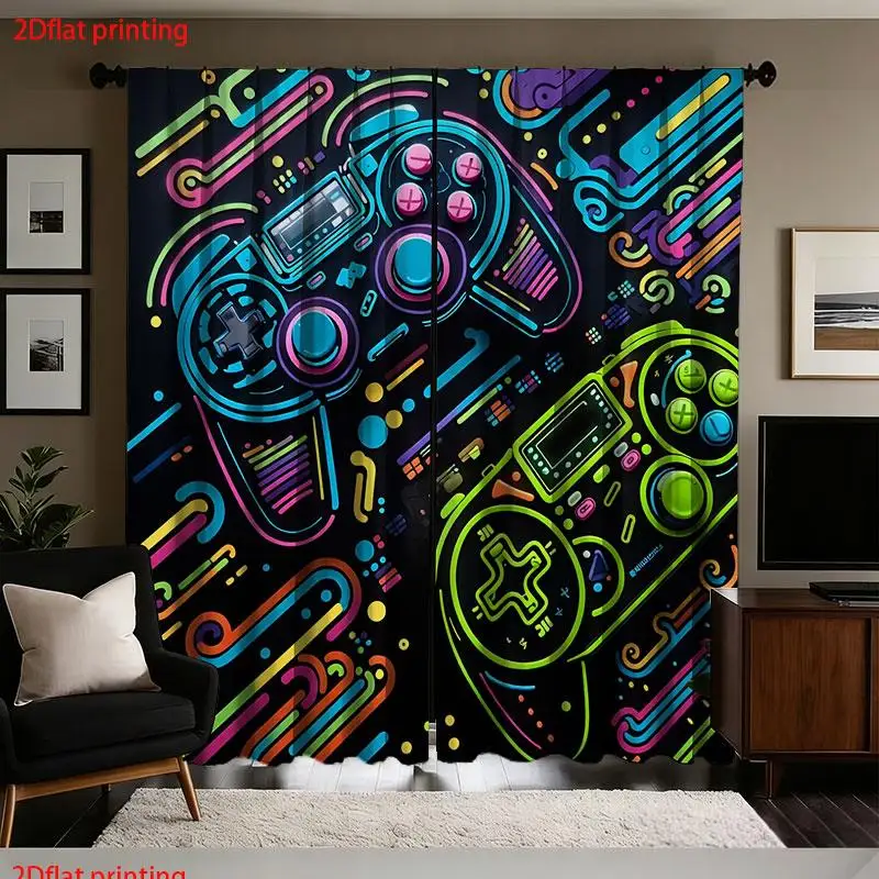 2pcs Gaming Curtains Neon Retro Arcade Style Video Game Pop Art Curtains Black Background Window Drapes for Gamer Boys Girls Roo