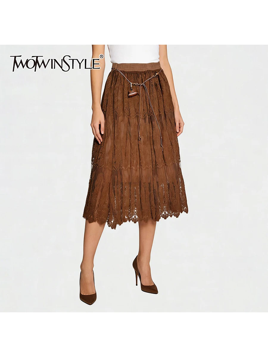

TWOTWINSTYLE Solid Loose Spliced Lace Vintage Skirts for Women High Waist Patchwork Lace Up Fashion Long Skirt Female Clothing