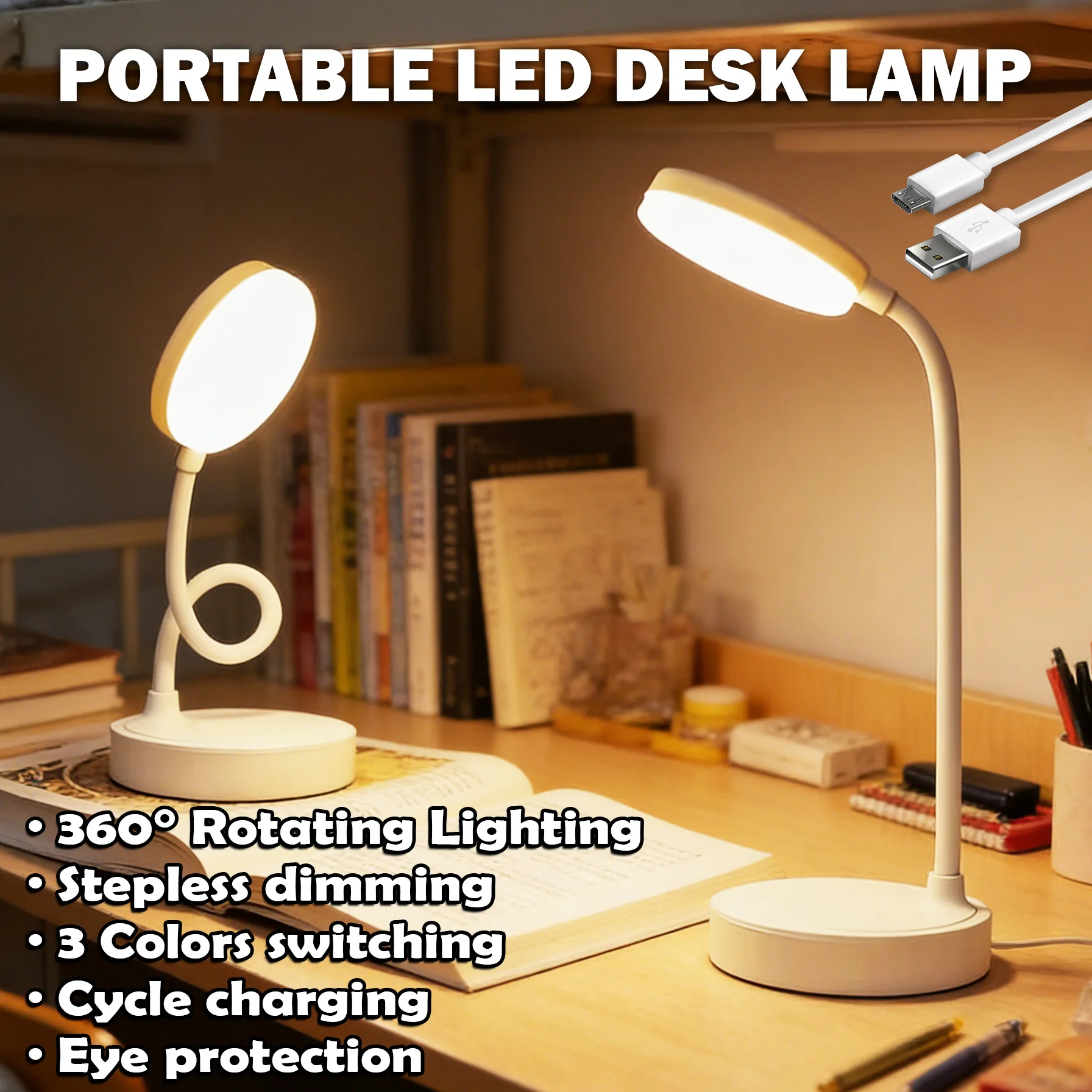 

Portable LED Desk Lamp USB Plug Rechargeable 360° Lighting Eye Protection Room Night Light Bedroom Bedside Student Reading Lamp