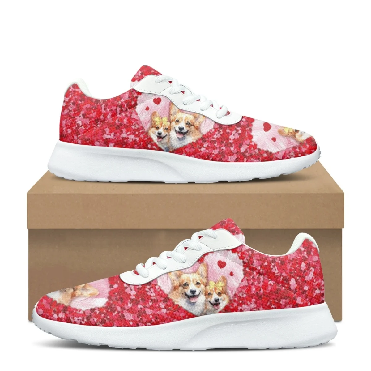 Heart Sequin Corgi Print Women Training Running Shoe Cozy Lace-Up Flats Durable Gym Teen Sneaker Print On Demand tenis masculino