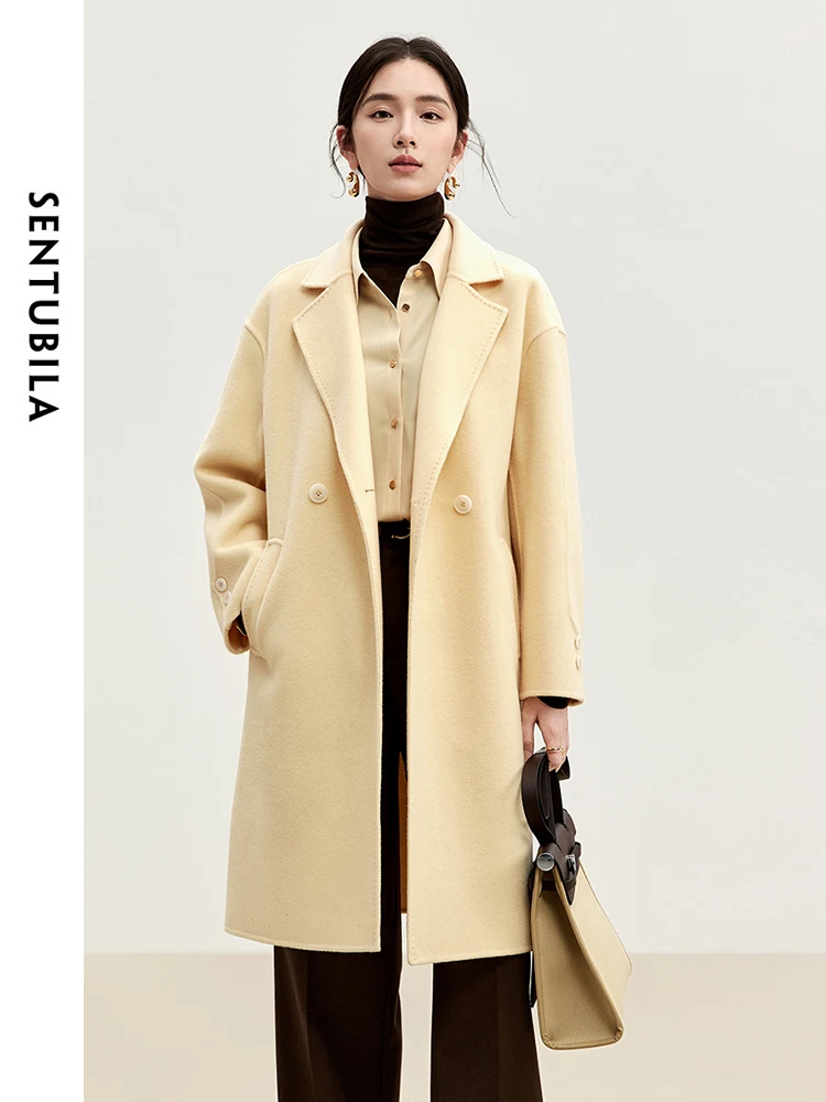 

SENTUBILA Women's Winter Coat 100% Woolen 2025 Fashion Straight Double Breasted Thick Outwaer Warm Evening Party Coat W44O56448
