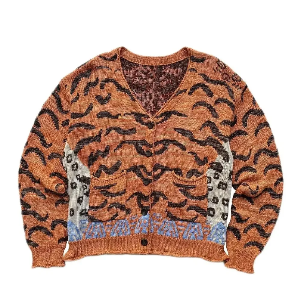 Kapital Vintage Tiger Leopard Print Long Sleeve Sweaters Loose V-neck Men's Knitted Cardigan