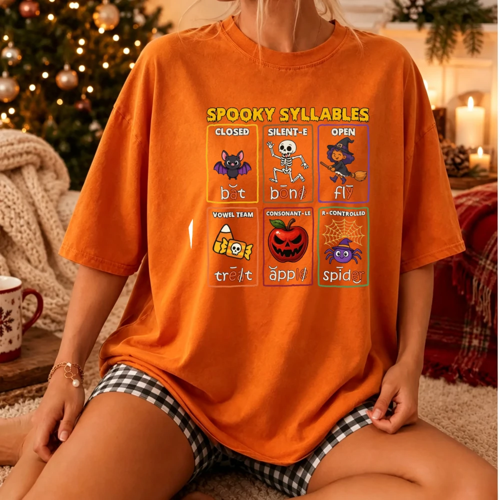 2026 Spooky Syllables T Shirt Men Halloween Reading Teacher Phonics Graphic Tee Funny Literacy Black Short Sleeve Crew Neck Gift