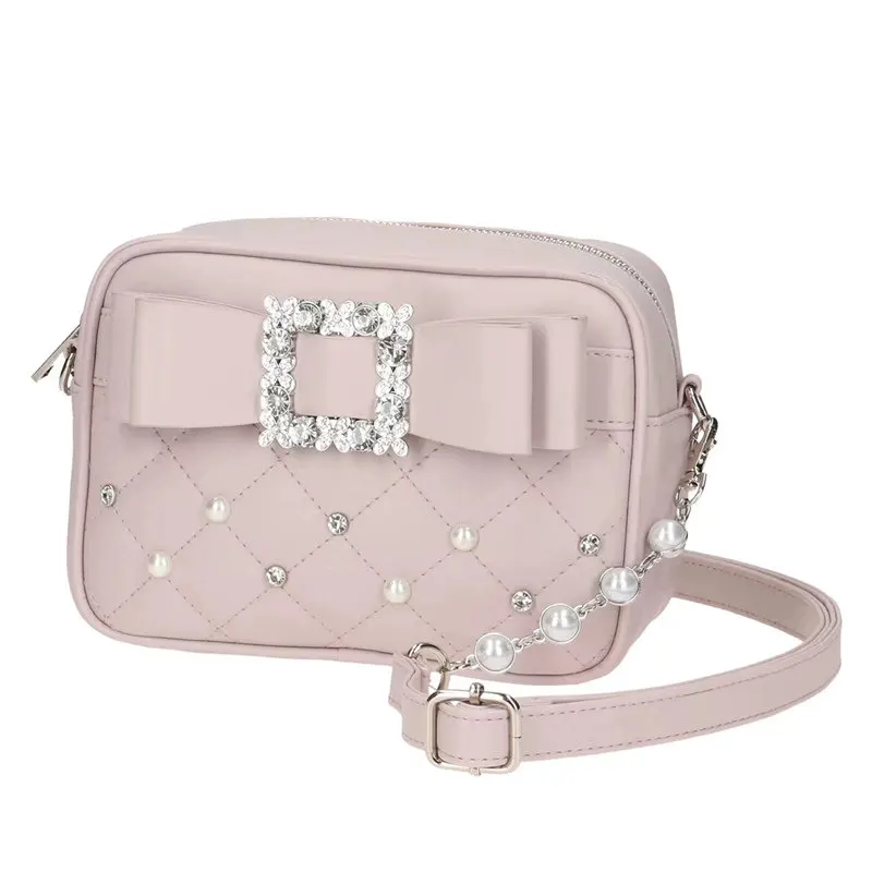 Girl's Lolita Bags Japanese Style Sweet and Cute Pearl Shoulder Bag Bow Water Diamond Elegant Square Crossbody Bags for Women