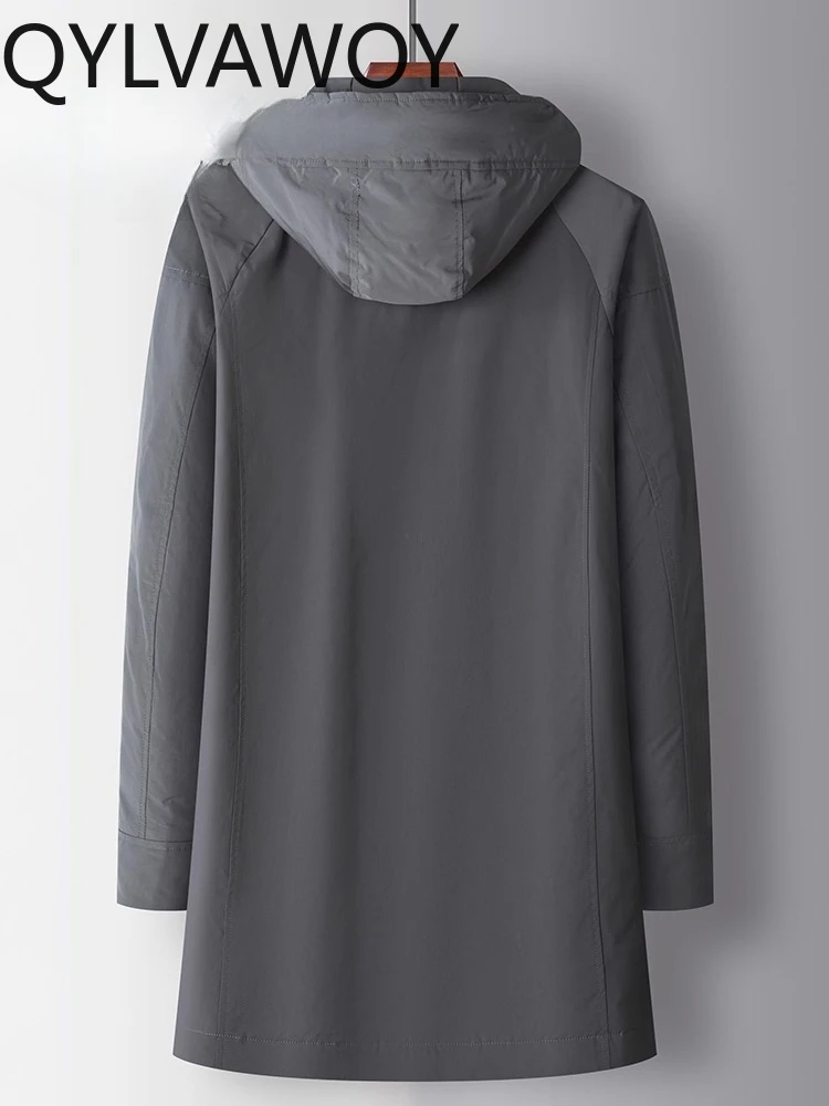 QYLVAWOY 100% Polyester Men's Season High-End Mid-Long Casual Down Jacket Middle-Aged Warm Outerwear Hooded Trench Coat LJ2073