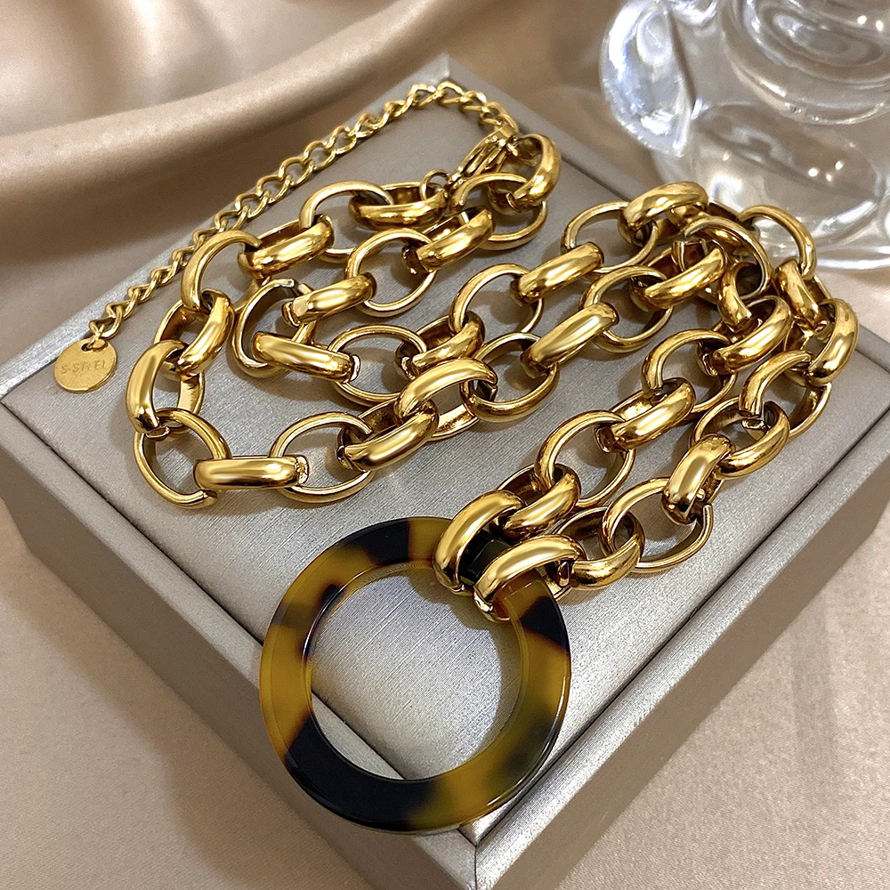 Punk Chunky Women\'s Set Jewelry Gold Color Thick Chain Leopard Pendant Stainless Steel Necklace Bracelets Set Fashion Jewelry