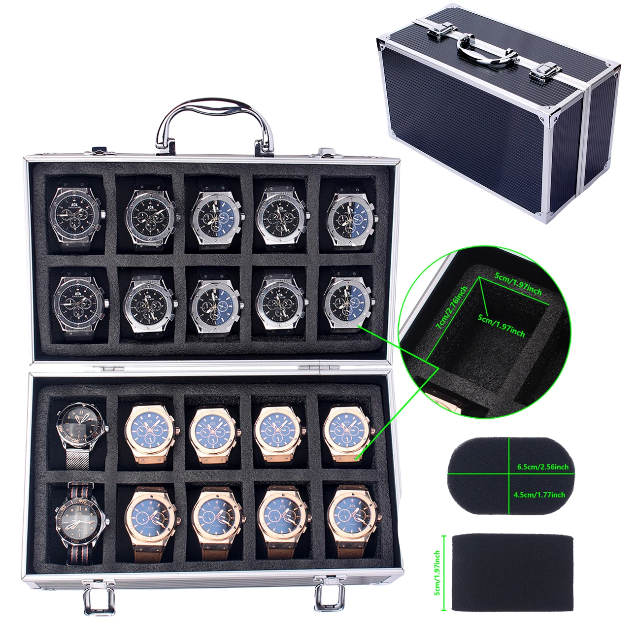 20-Slot Black Striped Watch Case Aluminum Suitcase Case Jewelry Collection Box Portable Large Capacity Watch Box Gift box