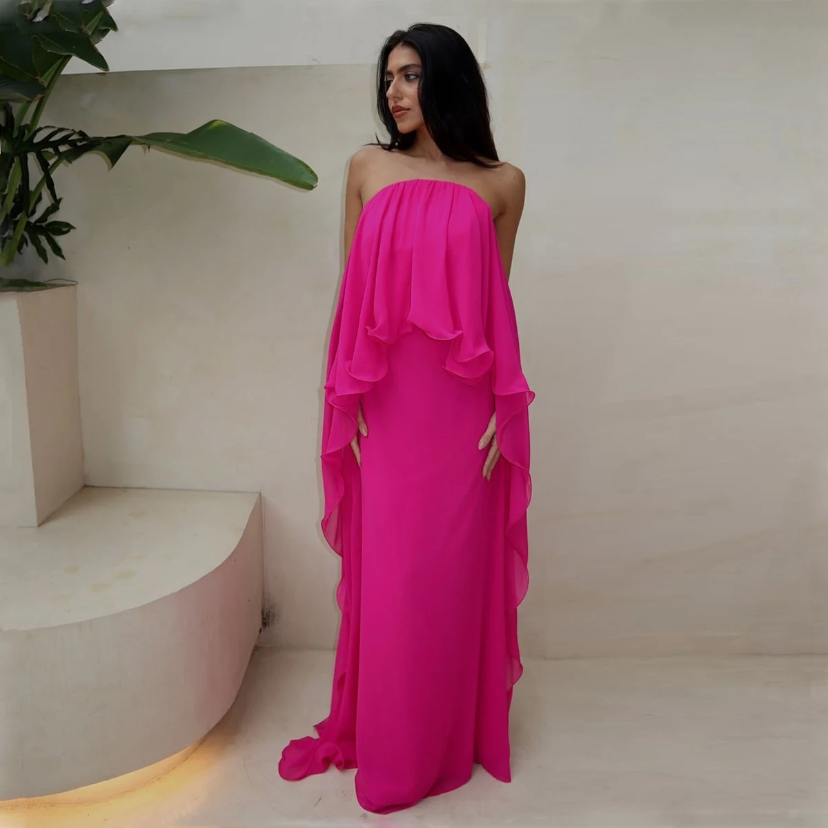 Pretty Hot Pink Chiffon Evening Maxi Dress 2025 Summer Travel Beach Dress Women Wedding Party Dresses Fuchsia Ruffle Formal Gown