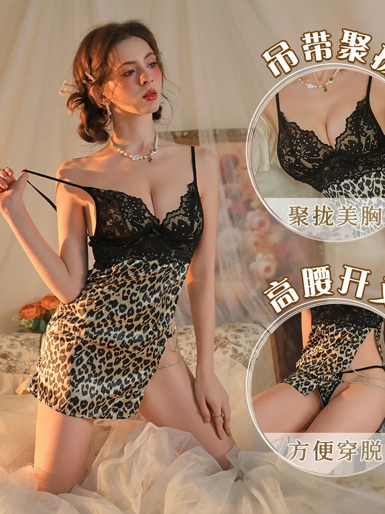 2024 Nieuwe V-hals Backless Kant Splicing Sheer Luipaard Print Sling Jurk Vrouwen Hollow Out Cinching Taille Slanke Korte Jurk 9U4N