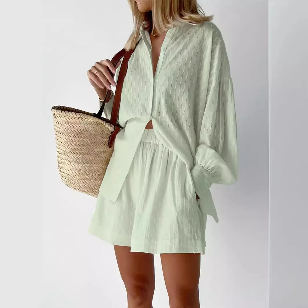 

Женские комплекты из 2 предметов, шорты, рубашка, верхний костюм, 2025 г., офисная женская одежда с пышными рукавами и отложным воротником, однобортная эластичная талия, наряды