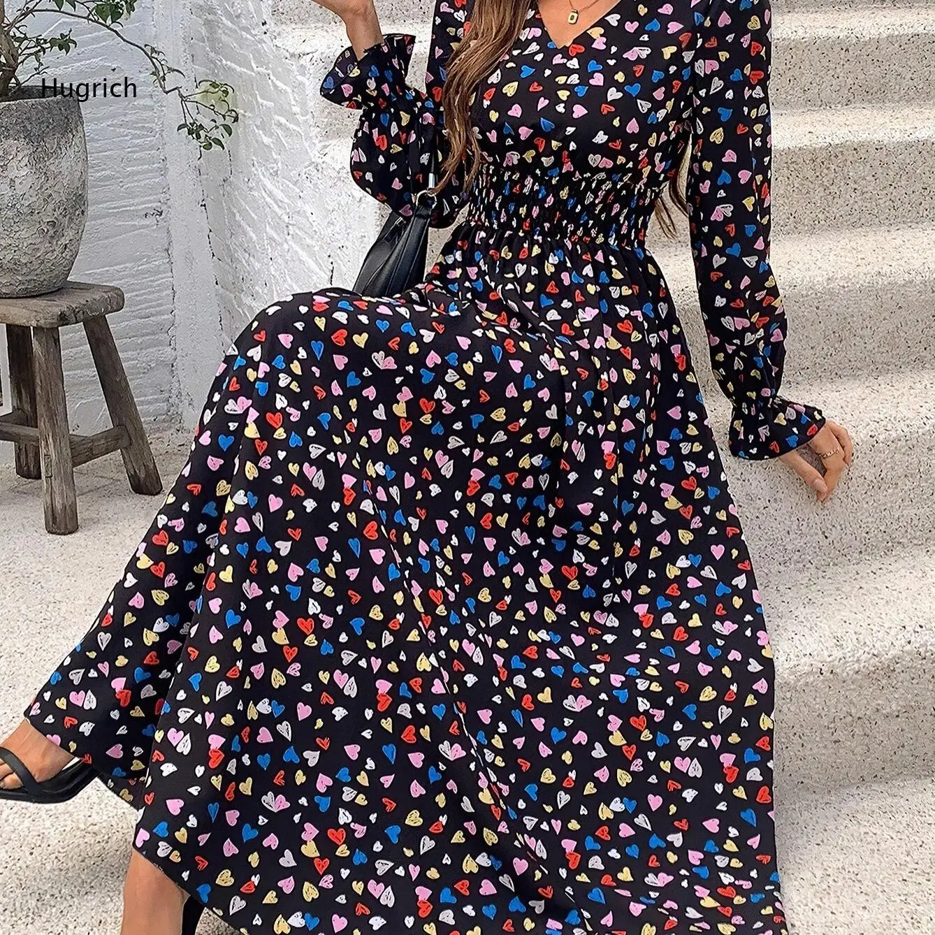Women Long Sleeve V Neck Heart Print Maxi Dress Ruffle Cuff Smocked Waist A Line Dress For Beach Trip And Casual Outing