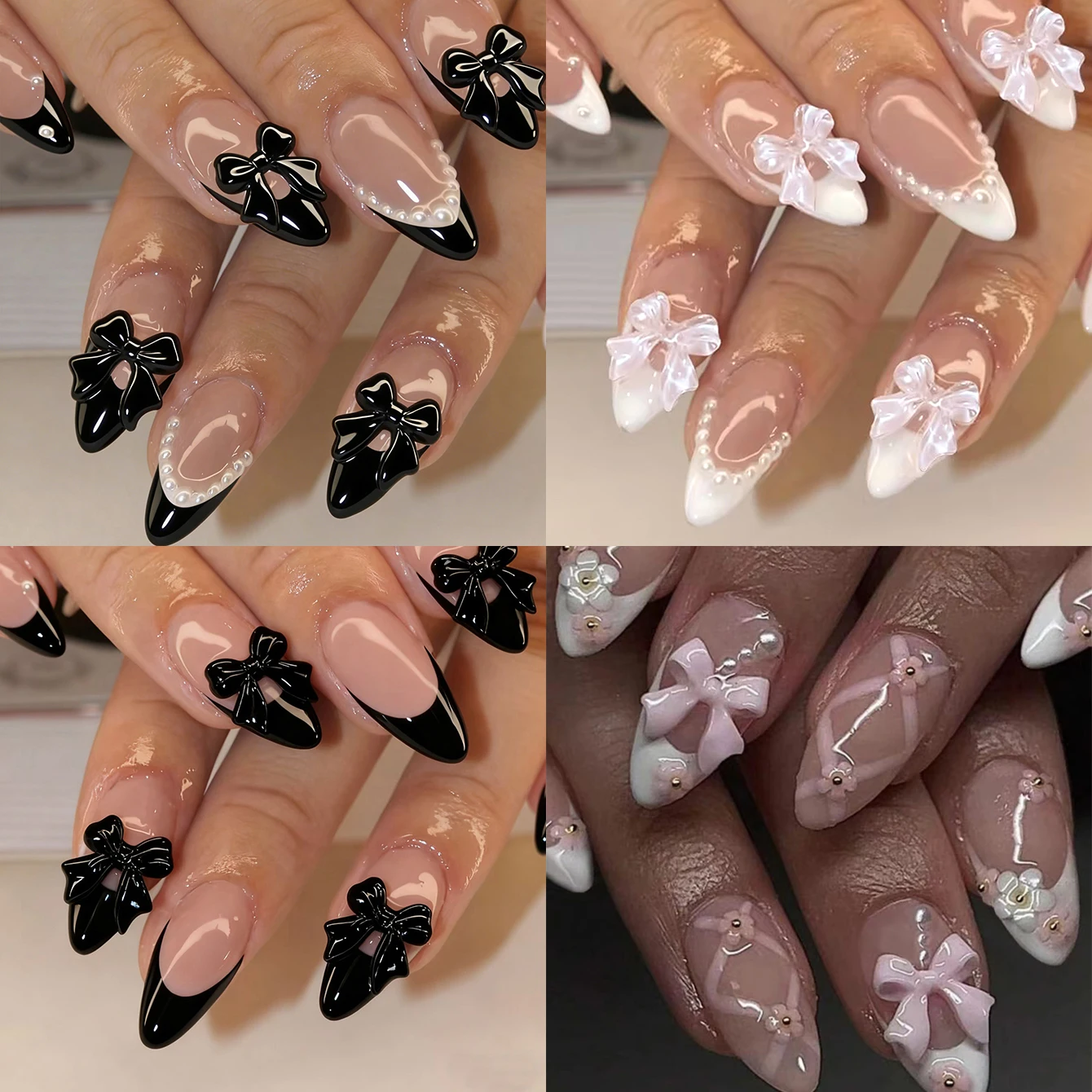 

ARTAUG 96 шт. прессованные французские миндалевидные накладные ногти с 3d бантом из жемчуга и цветочным узором, многоразовые акриловые накладные ногти