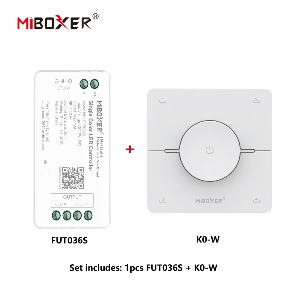 MiBoxer DC12~24V FUT036S+K0/K0S 2.4GHzRF Wireless Single Color 12A/Channel LED Controller For Single Color COB/Led Strip