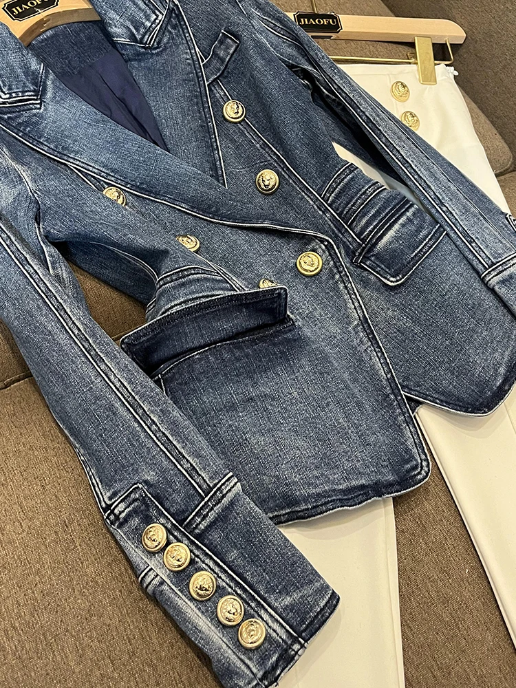Elegant Commuter Style Slim Fit Double Buttoned Denim Suit Women's Long Sleeve Waist Cinched Jacket for Professional Work A6661