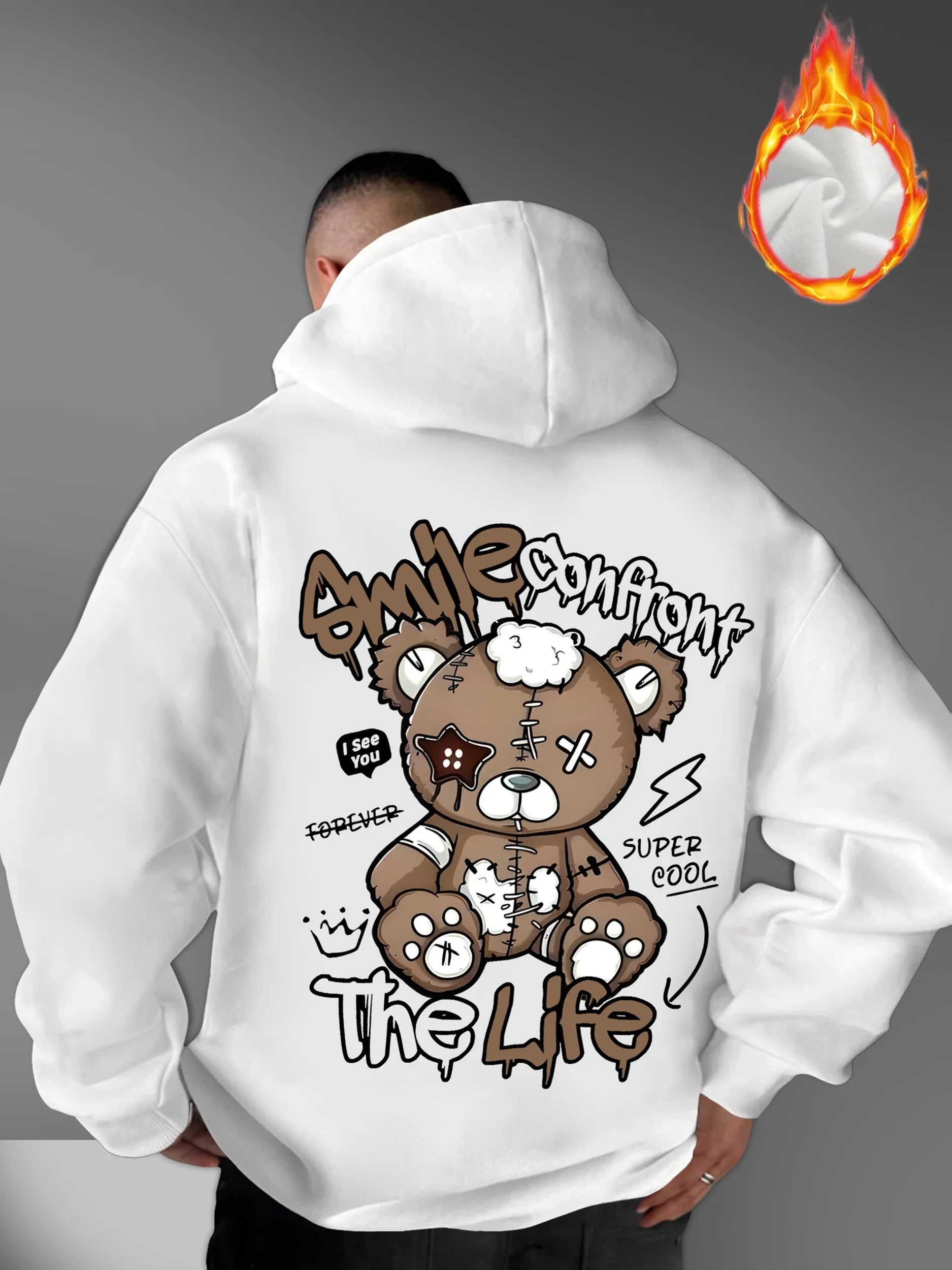 Graffiti Letters Bear Print Fashion Best-selling Men Hooded Sweatshirt Autumn Winter Daily Outdoor Sports Loose Warm Street