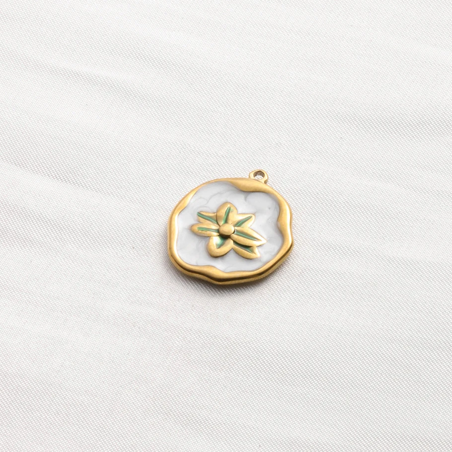 5pcs Real Gold Plated Pink/White Enamel Plant Flower Pendant Rose Lily Tulip Pearl Charms Delicate Stainless Steel DIY Pendants