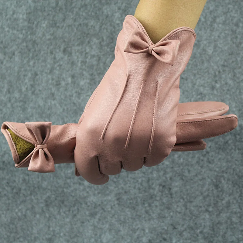 High Quality Leather Female Fashion Winter Warm Black Bow Cycling Gloves Women Driving Touch Phone Screen Glove Mittens B7