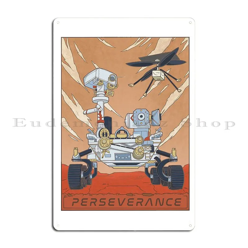 Perseverance Mars Rover And Ingenuity Helicopter A Space Illustration Metal Plaque Poster Printing Create Tin Sign Poster