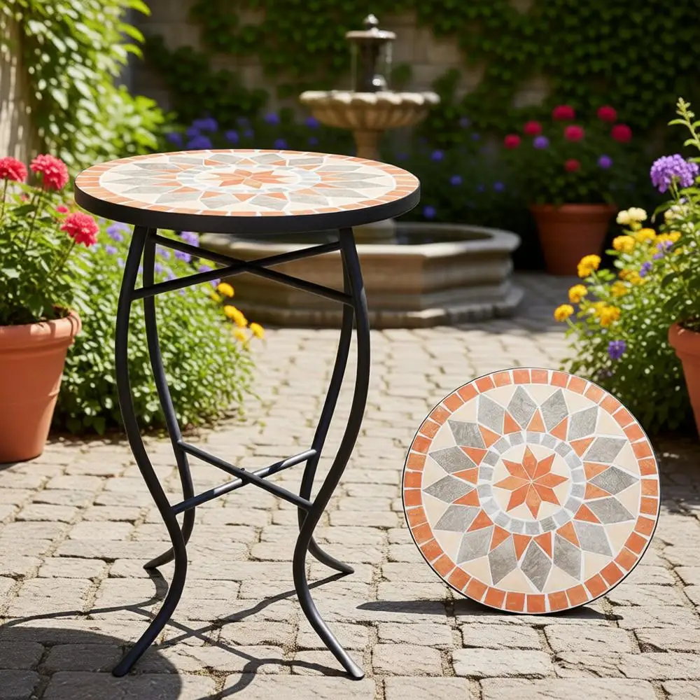

Round Patio Side Table, 21 Diameter with 14 Ceramic Tile Top, Suitable for Indoor and Outdoor Use