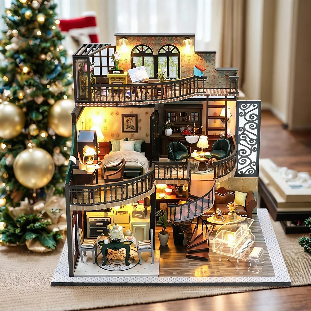 Modellbausatz, DIY Miniaturhaus-Set, Holz-Puppenhaus-Modellbausatz für Erwachsene, Schreibtisch-Dekoration, Geburtstagsgeschenk, Kreatives Hobby, Raumdekoration