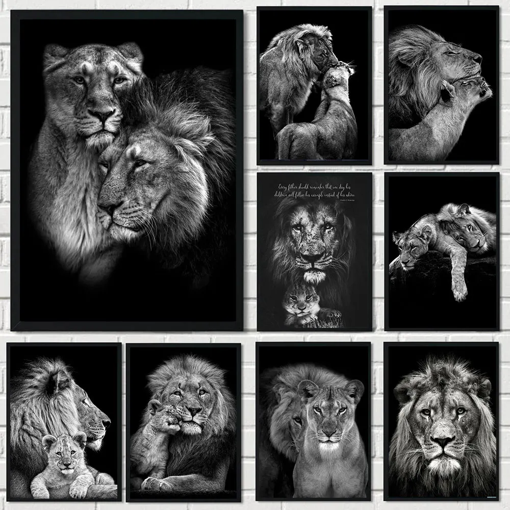 

Modern Black and White Lion Family Canvas Prints Paintings Animal Cub Posters Wall Art Nordic Living Room Pictures Artwork Decor