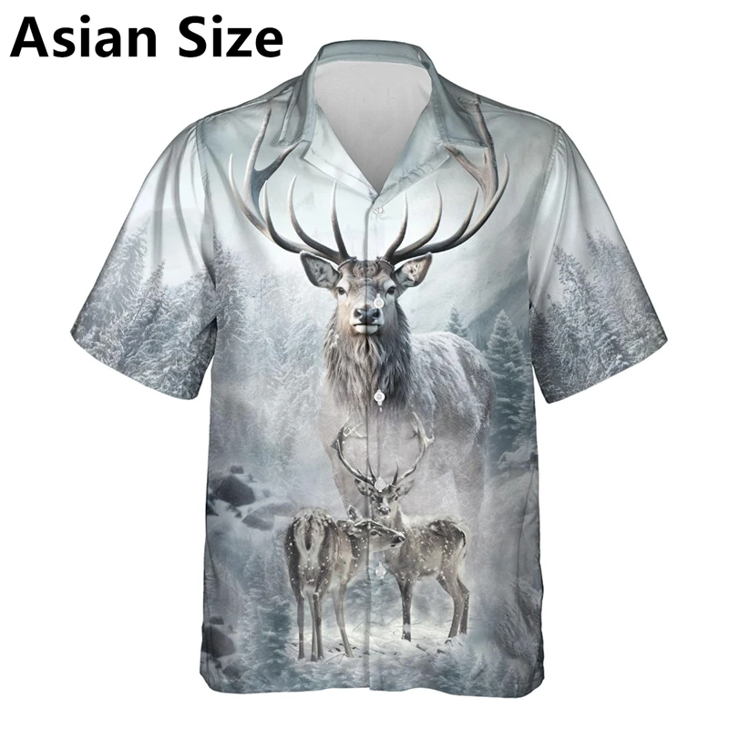 Trend Deer Graphic Shirts For Men Fashion Summer Lapel Button 3D Animals Printed Hawaiian Shirt Trend Streetwear Oversized Tops