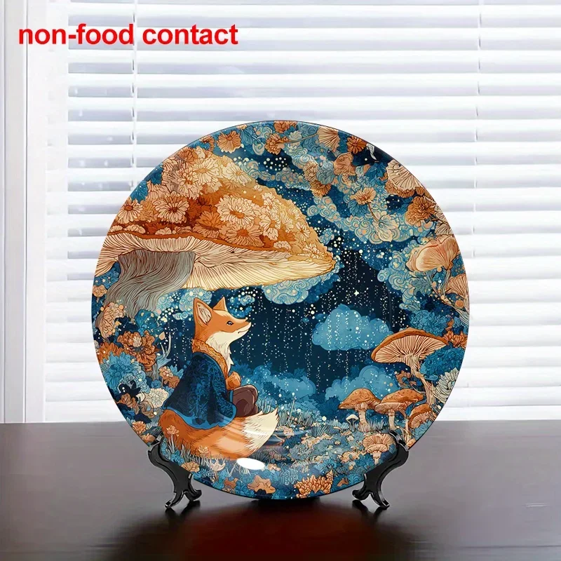 1pc 8-Inch Round Ceramic Hanging Wall Art Plate, Vintage Decorative Fox and Mushroom Fantasy Scene, Perfect for Home Décor,