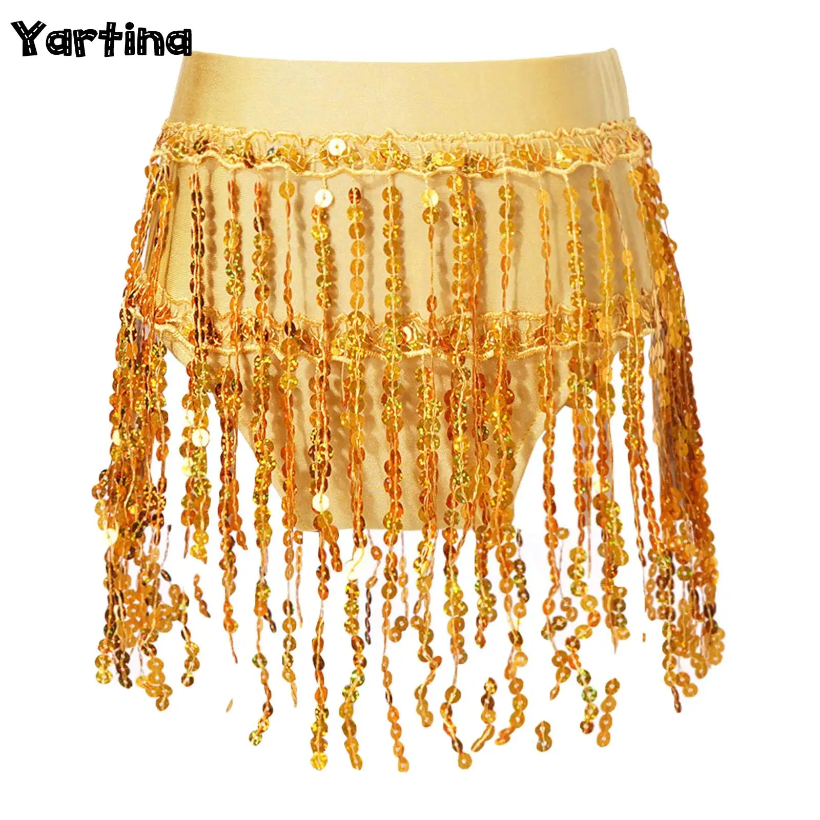 Kids Girls Gymnastics Dancewear Latin Dance Performance Competition Costume Elastic Waistband Sequin Tassel Briefs Bottoms