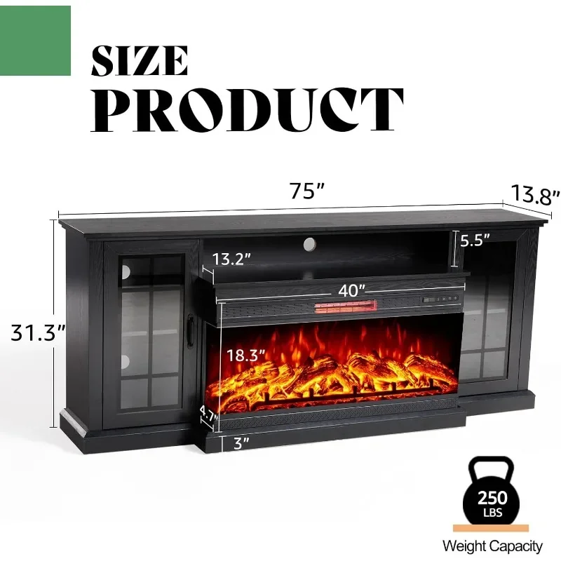 AMERLIFE 75in 3-Sided Glass Fireplace TV Stand for TVs up to 85", Rustic Media Entertainment Center Console Table