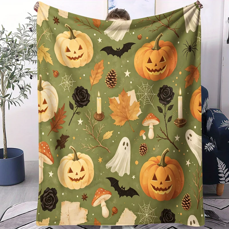 Halloween Microfiber Throw Blanket,Ultra-Soft,Durable,Breathable,Skin-Friendly,Ideal Gift,Shadow Castle Gate Pumpkins Print