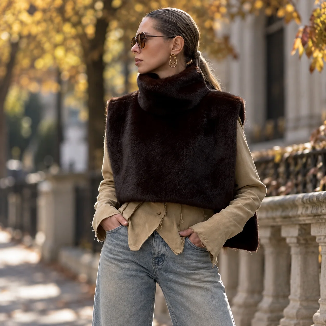 Pullover Sleeveless Coat Slim Fit Private Celebrity Style with Patchwork Applique Turtleneck Regular Length Autumn Women Coat