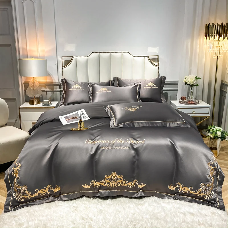 European Gold Embroidery Satin Bedding Sets Luxury Dark Gray Duvet/Quilt Cover Bedspread Sheet Pillowcases Home Textile