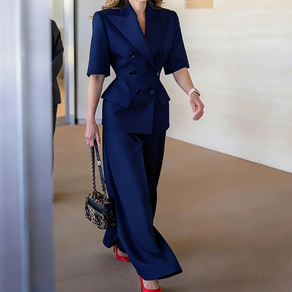 Classic Women's Suits 2Piece Jacket&Pants Sets Half Sleeves Stain Wide Peaked Lapel Double Breasted Blazer Formal Office Wear