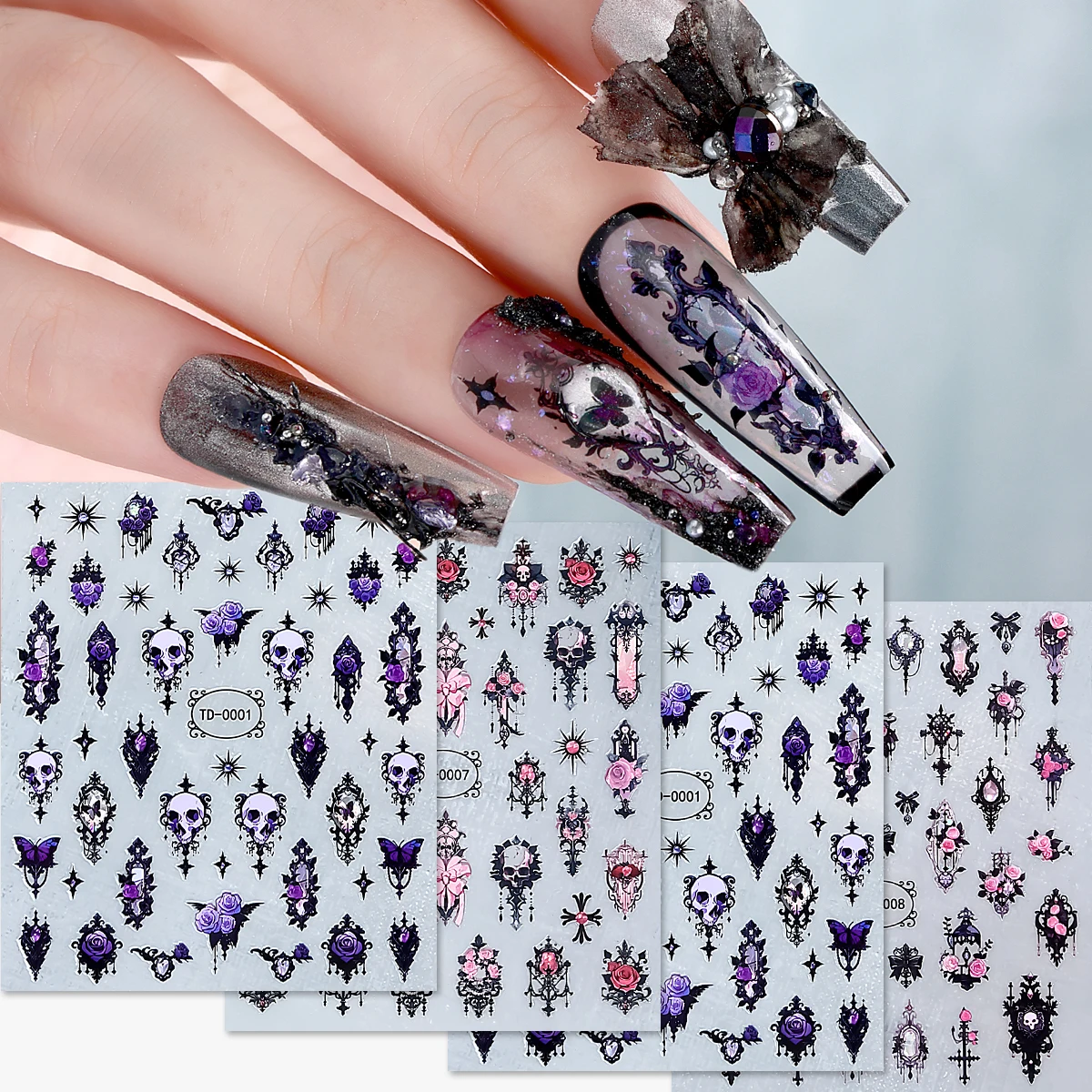 4 adet 3D cadılar bayramı Punk kafatası Nail Art etiketler Vintage mor pembe gül tırnak çıkartmaları festivali parti DIY manikür dekorasyon için