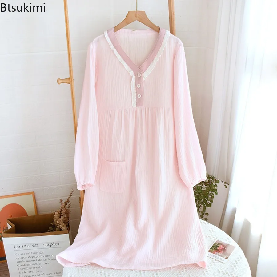 New 2025 Spring Women's Long Skirt Cotton Yarn Crepe Fabric Nightdress Two Colors Loose Cotton Long Sleeve Home Dress Sleepwear