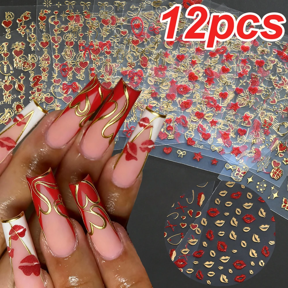 12pcs Bronzing Red Heart Valentine Nail Stickers Gold Bow Heart Red Lips With Glitter Nail Decals DIY Romantic Manicure Accessor