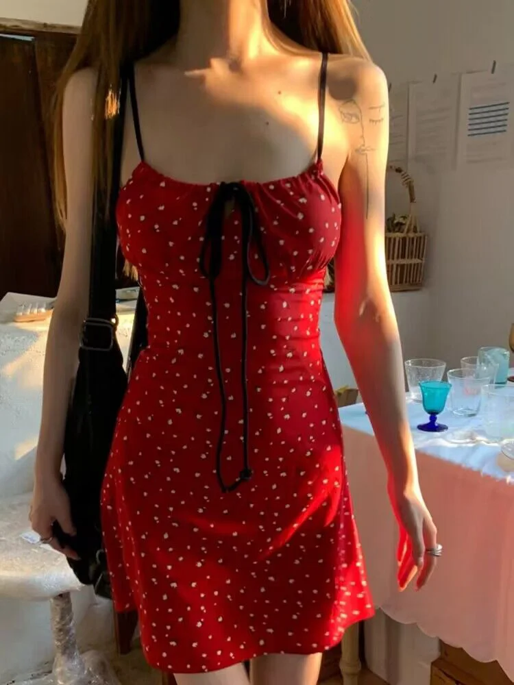 Red Floral ter Dr Women's Summer Slimming Belted ort Skirt Trendy Beach Vaion Sle Strapl  Dr