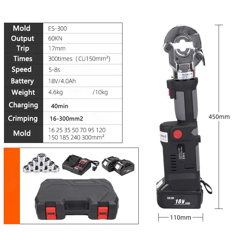 Mini macchina di piegatura idraulica elettrica portatile ricaricabile ES-300 terminali in alluminio rame pinze di crimpatura del filo 16-300mm2