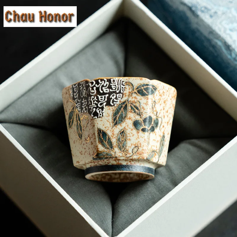 70ml Blue And White Flint Red Teacup Handmade Gold Drawing Branch Lotus Tea Bowl Japanese Set Of Cups Meditation Cup Drinkware