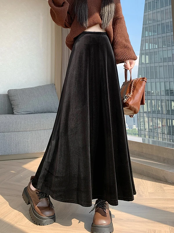 

Юбка А-силуэта с высокой талией из бархата для женщин, осенне-зимняя новинка, драпированная, стройнящая, повседневная, без стрейча