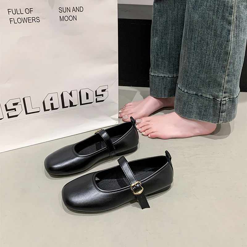 Mary Jane Flat Shoes Women's Square Head Buckle Fairy Style Versatile Spring Autumn New Arrival Bean Bean Shoes Anti-Slip Rub...