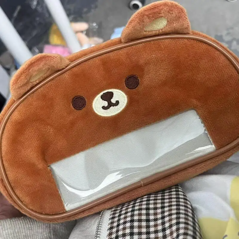 21Cm Japanese Anime Rilakkuma Soft Plush Pvc Transparent Handheld Pencil Case Small Card Badge Partition Storage Classmate Gifts