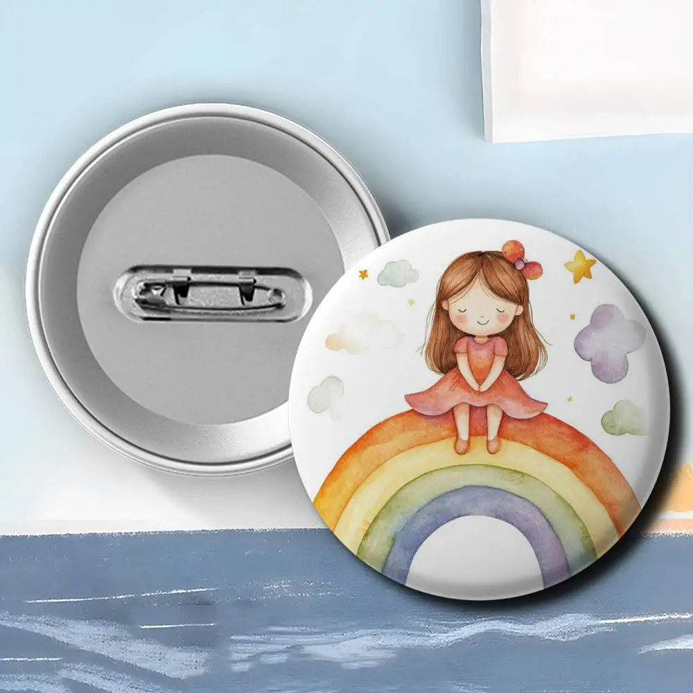 Rainbow Cartoon Girl CUTE Badges Round Exquisite Badge Brooches Creative Pins For Clothes Hat Backpack Gift Accessories