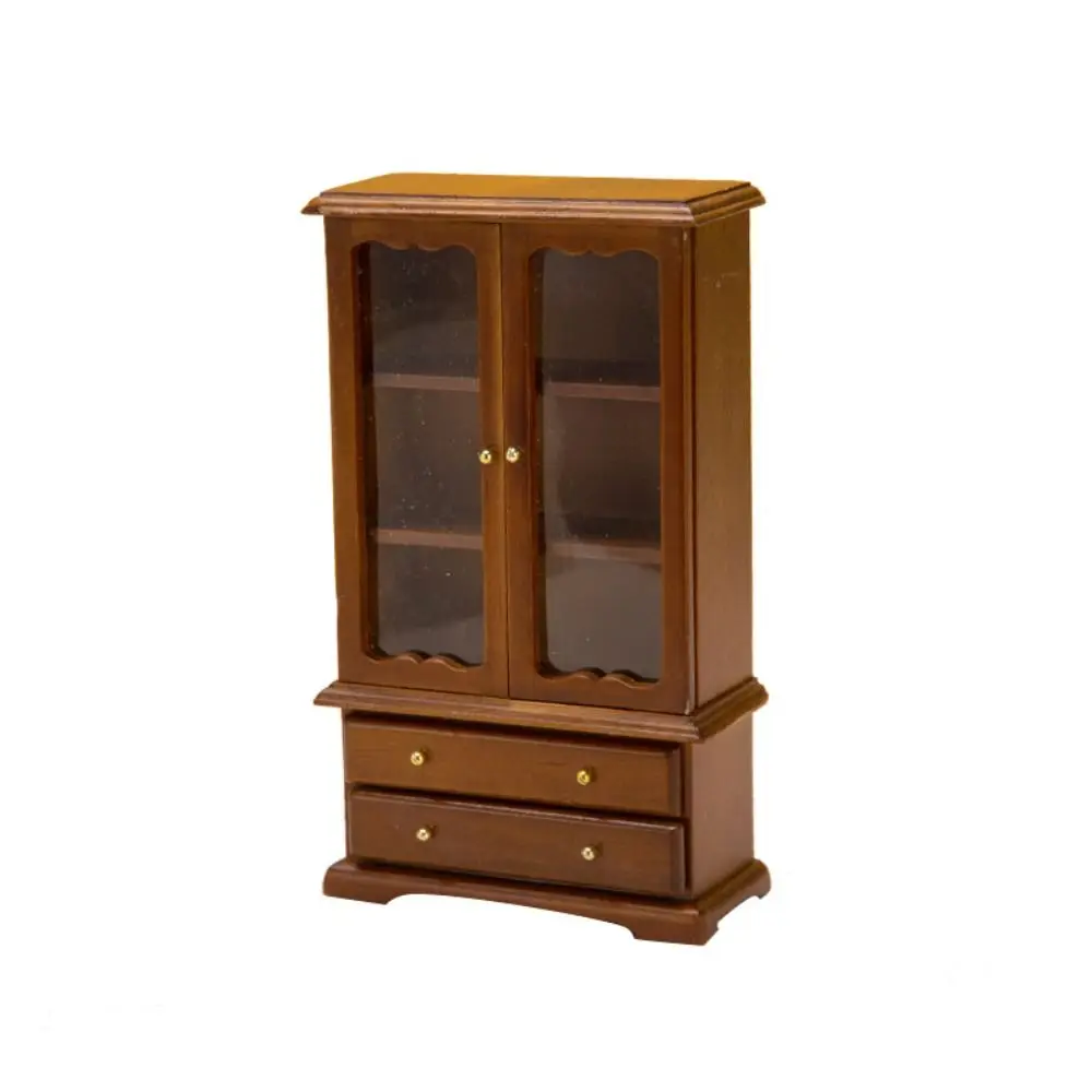 1:12 Miniature Furniture Model Wooden Three Layer Pretend Play Toy Bookcase Double Door Doll House Accessories
