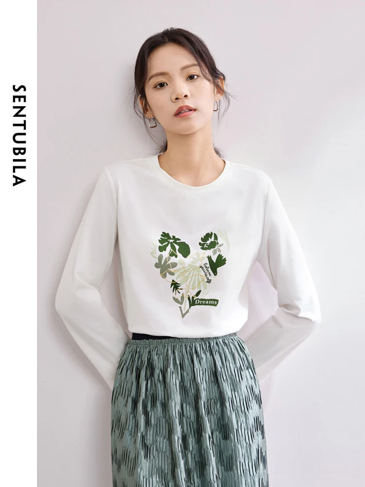 GENTUBILA-T-shirt en coton imprimé blanc, t-shirts basiques, col rond, manches longues, pulls décontractés, confort, printemps, 2024, 141T53852