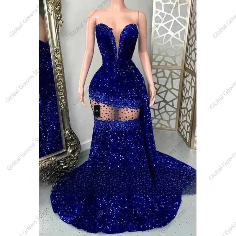 

Royal Blue Sequin Diamonds Long Prom Dress Black Girls Beaded Strapless Crystals Birthday Wedding Party Gown Customized