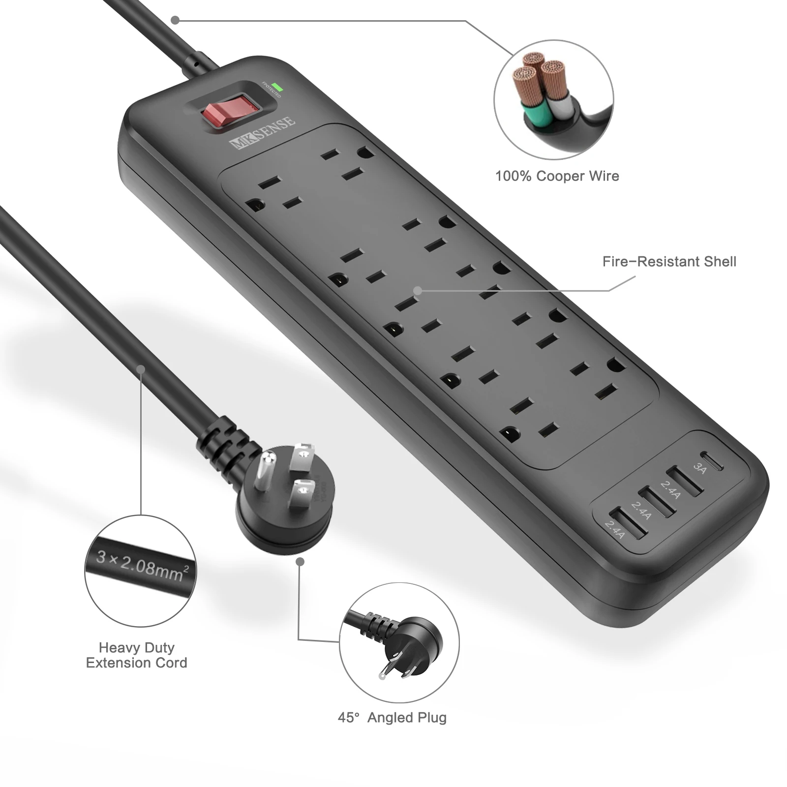 

U.S. Power Plug and Socket 1875W/15A with 10 outlets 4 USB ports 1.8M Extension cord Power strip Multi-outlet surge protector