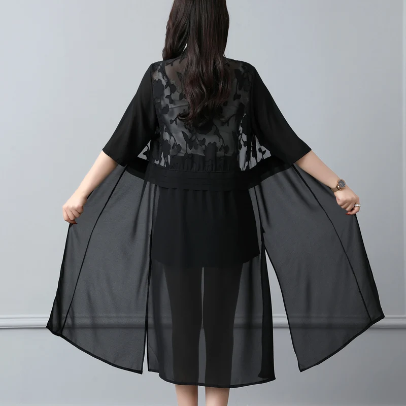 #3501 Black Split Joint Chiffon Long Coat Women Vintage Straight Kimono Jacket Cardigan Long See Through Jacket Half Sleeve Sexy