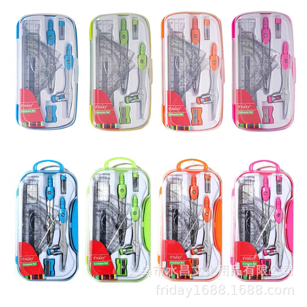 10-piece Set Boxed Compass Set Student Examination Metal Compass Ruler Portable Tool Cute for Student School & Office Stationery